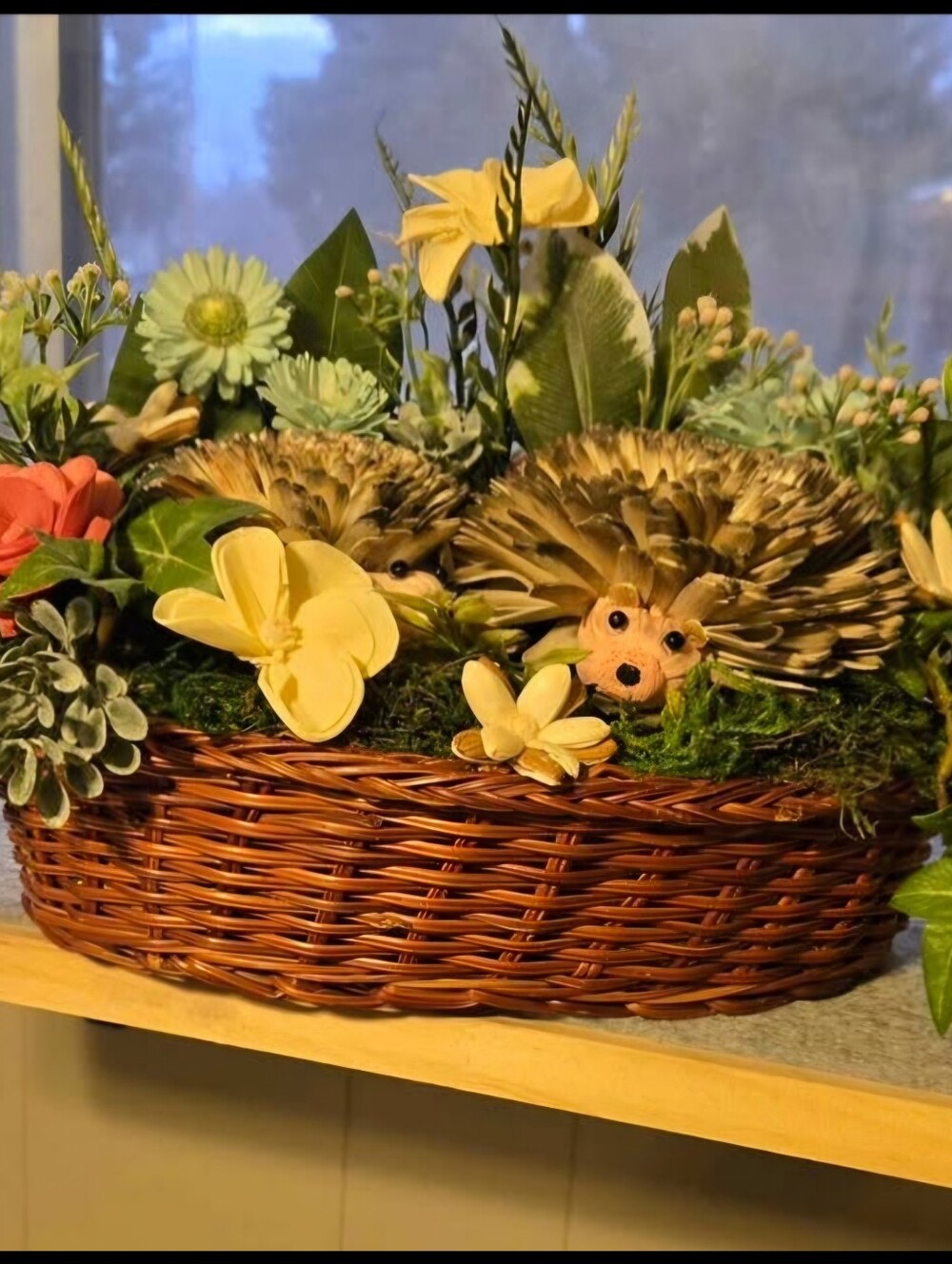 Artificial Floral Hedgehog Basket - Brown and Yellow Home Accent